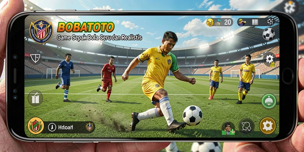 Screenshot gameplay BOBATOTO yang menunjukkan pertandingan sepak bola yang intens.