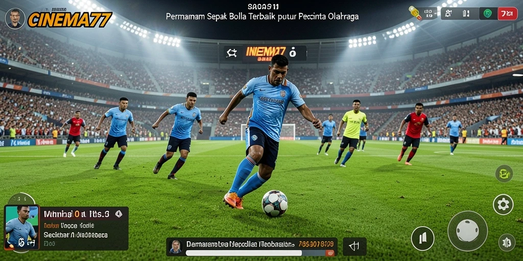 Screenshot gameplay CINEMA77 menunjukkan aksi menyerang di lapangan.